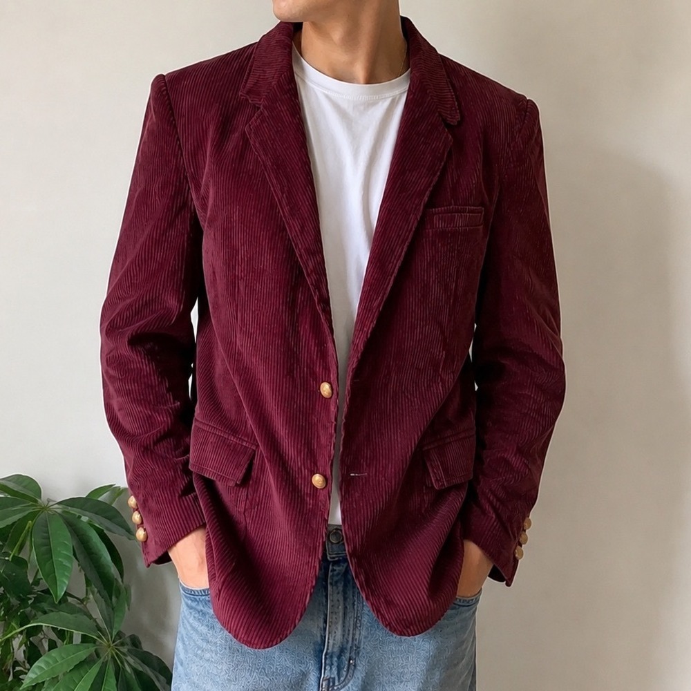 VTG Jaguar Corduroy Blazer Jacket Mens 42R Maroon Aesthetic Dark Academia